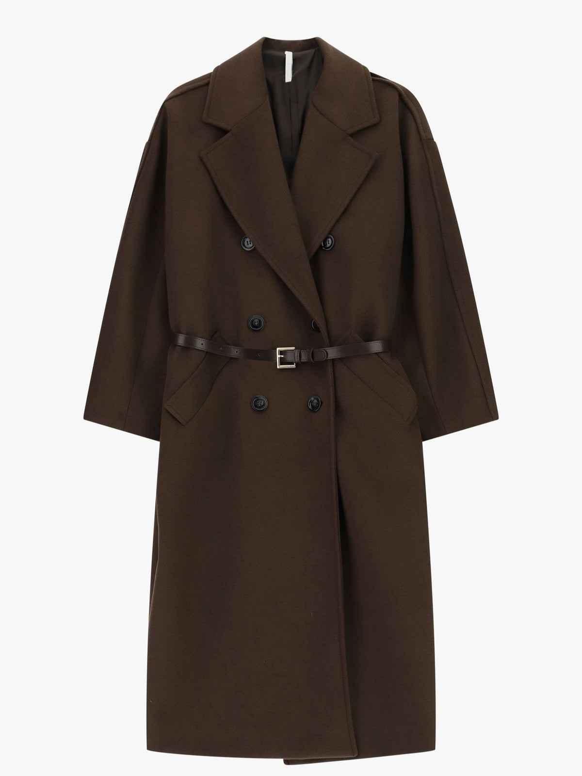 Cappotto lungo doppiopetto con cintura e tasche