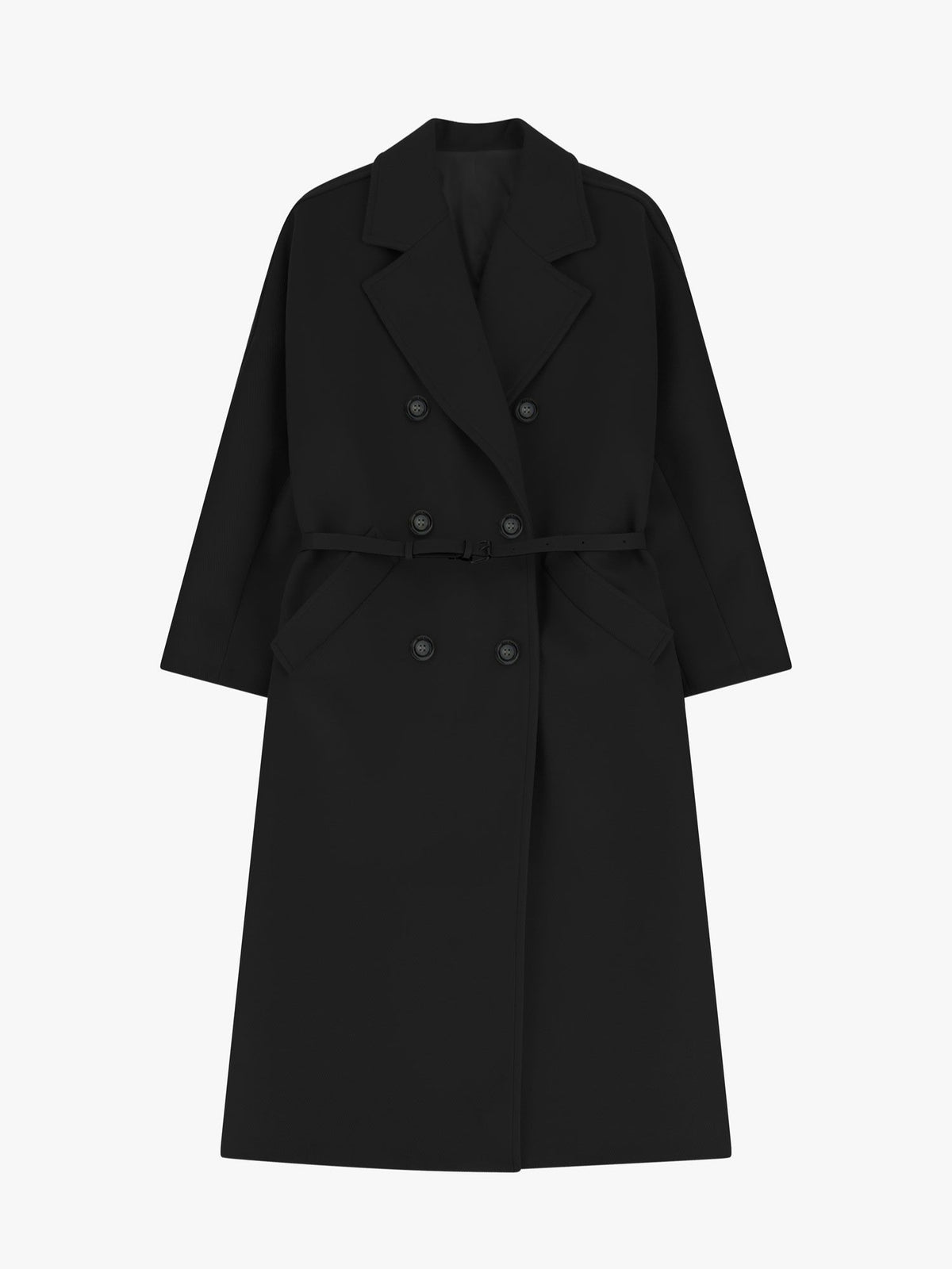 Cappotto lungo doppiopetto con cintura e tasche