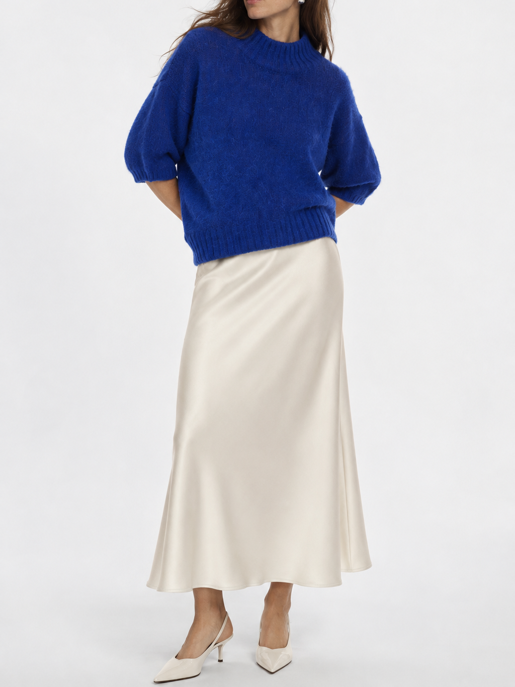 Maglione a maniche corte con collo polo ampio bordo bluette