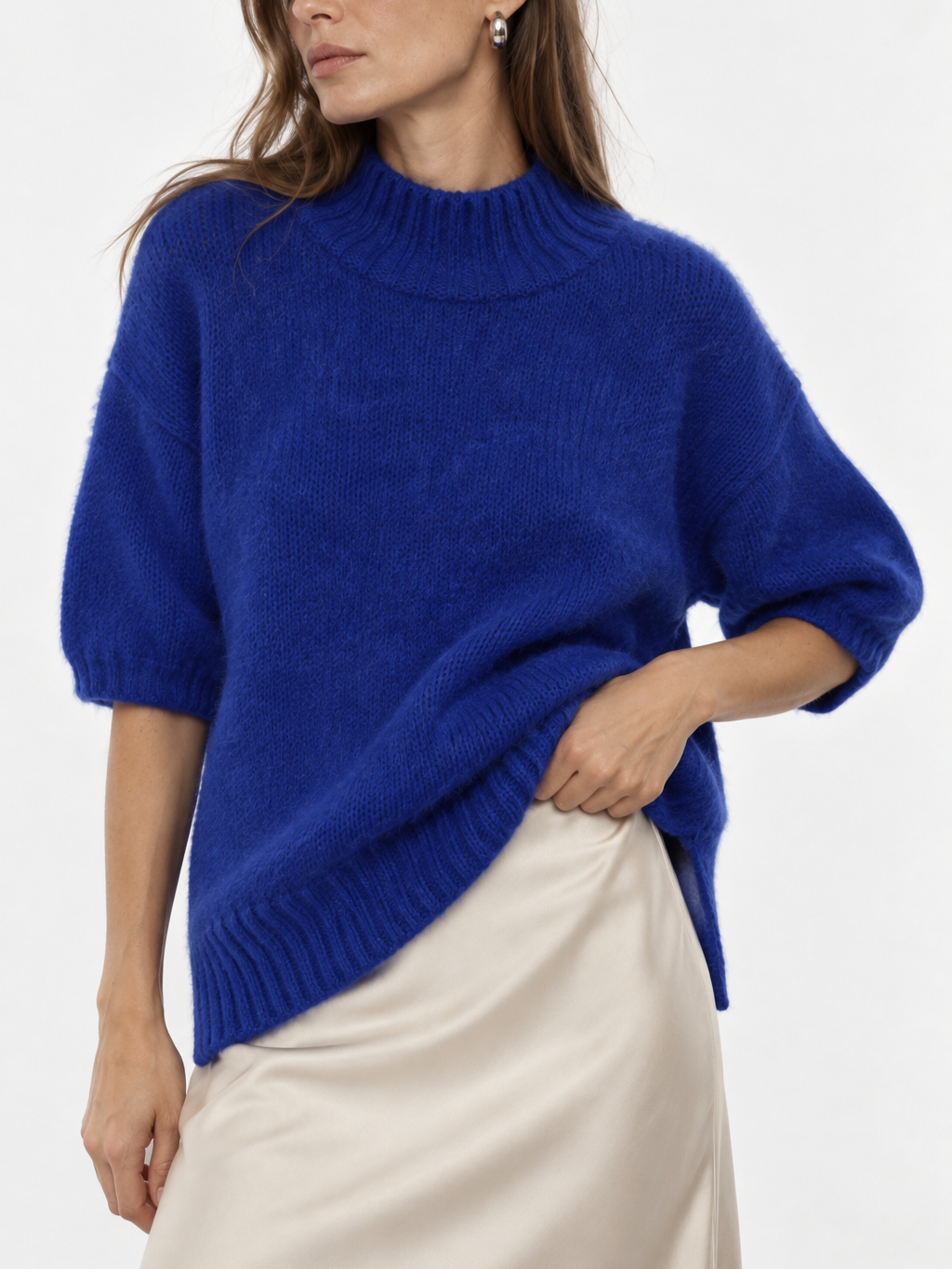 Maglione a maniche corte con collo polo ampio bordo bluette