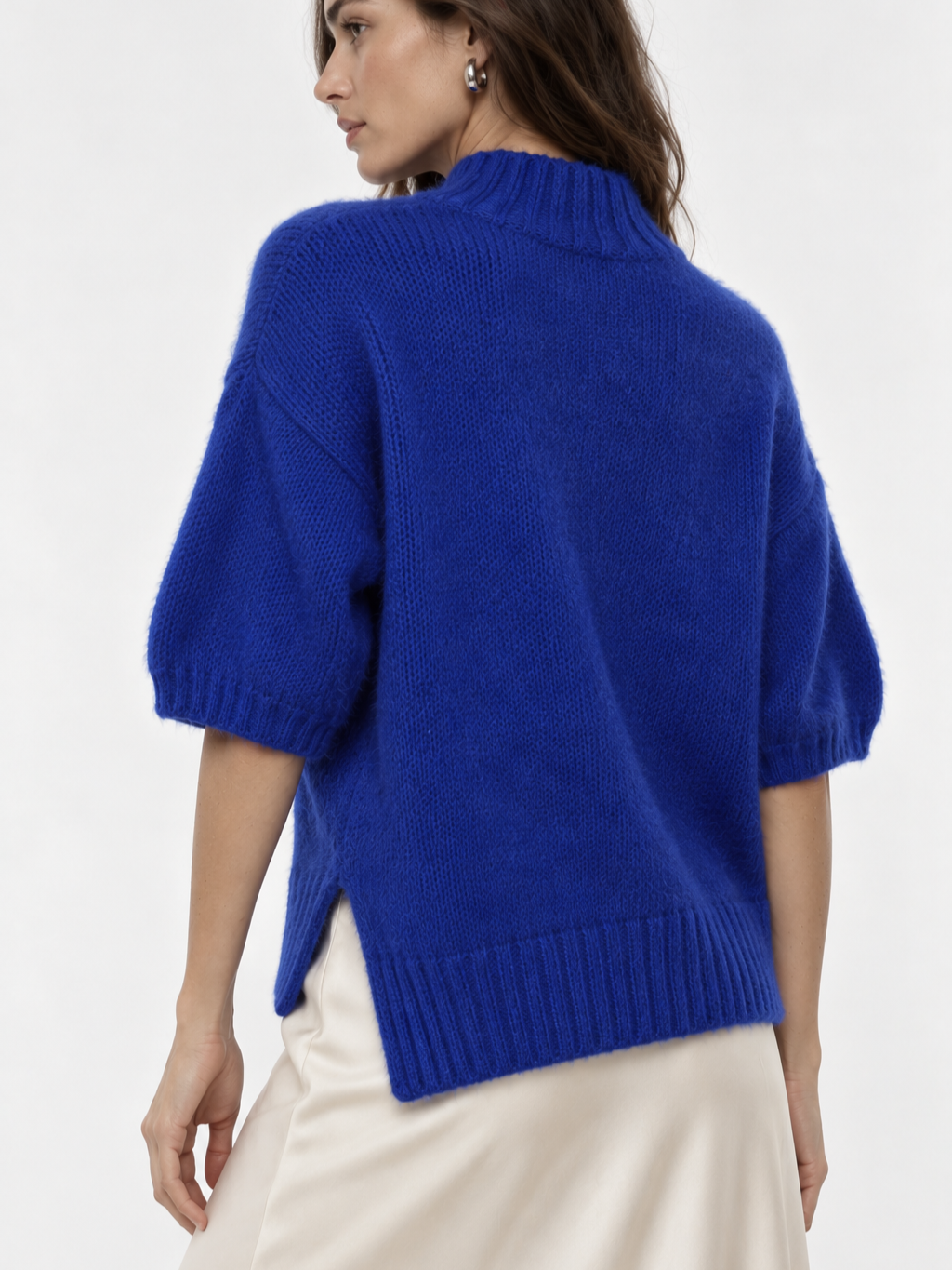 Maglione a maniche corte con collo polo ampio bordo bluette