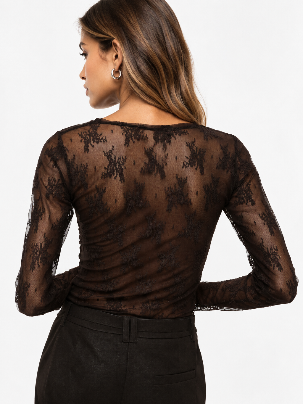 Top trasparente a maniche lunghe con ricamo floreale